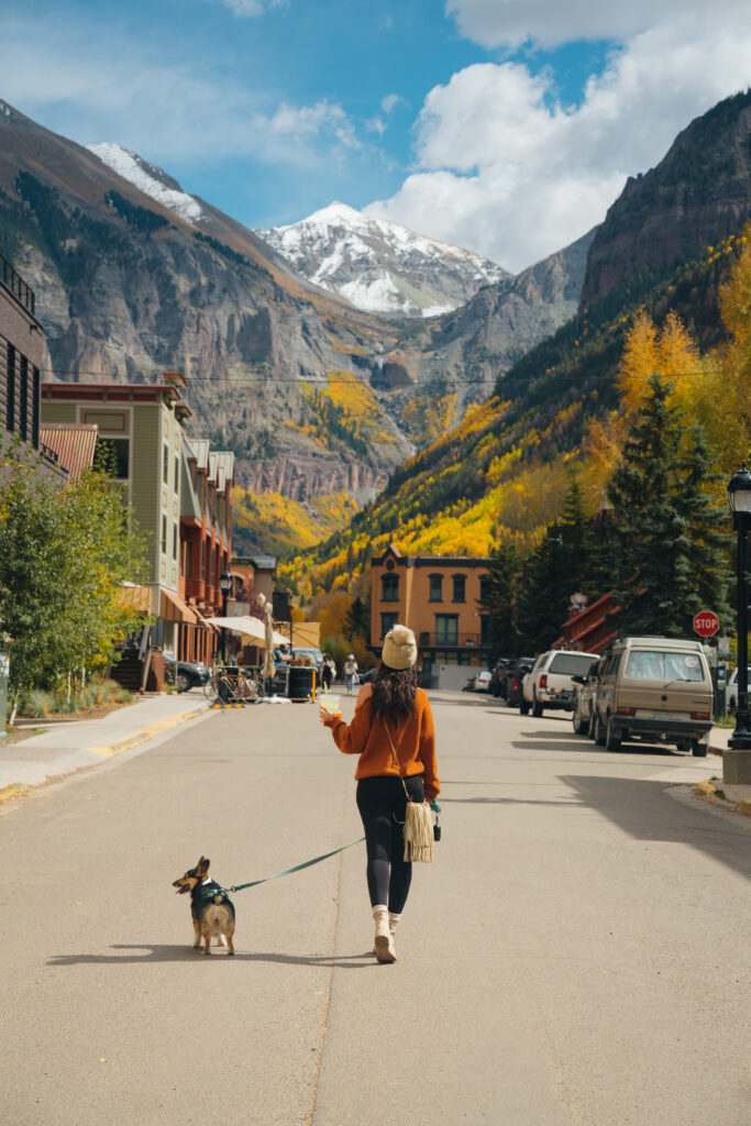 Town of Telluride with mountain views and fall foliage