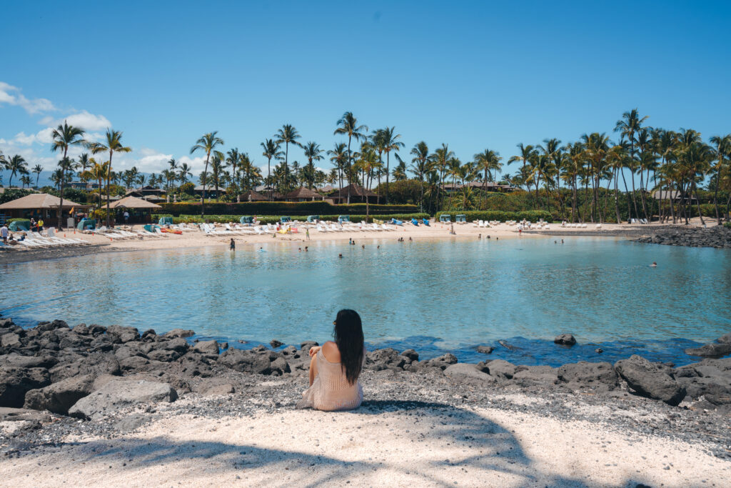 View from the lagoon and private beach at Fairmont Orchid on the Big Island