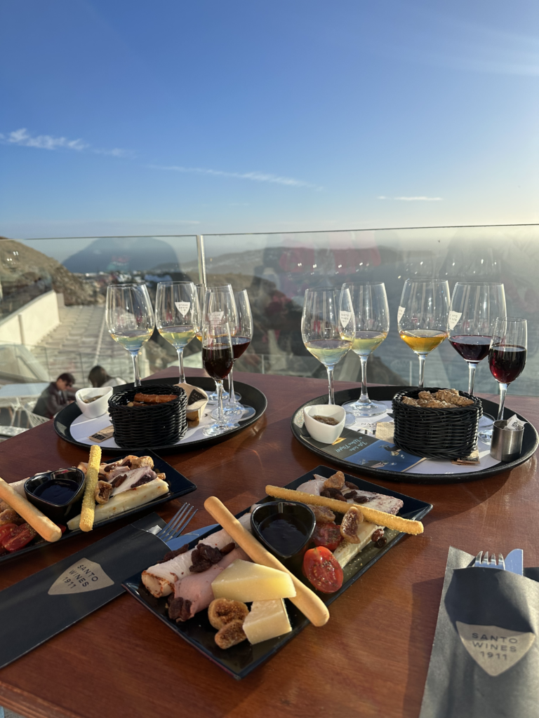 Wine and charcuterie at santo wines in Santorini
