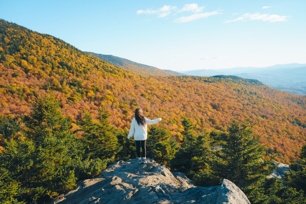 View of the fall foliage from Stowe Pinnacle hike in Stowe, Vermont